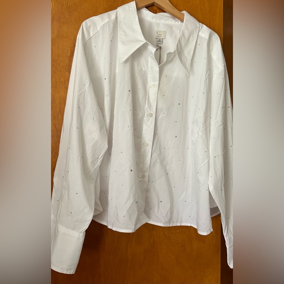 A New Day Pure White Silver Rhinestones Glam Button Down Long Sleeve Shirt Top - Picture 4 of 8